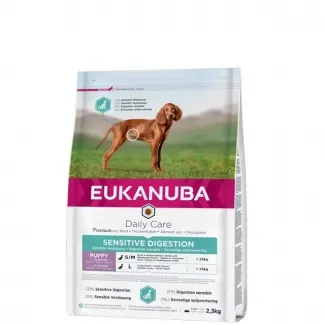Eukanuba daily Care Puppy Sensitive Dog - Пълноценна суха храна за подрастващи кучета с чувствителен стомах с пилешко и пуешко месо, 2.3 кг.