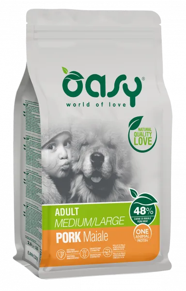 Oasy Adult Pork Monoprotein - Пълноценна суха храна за израснали кучета от всички породи, със свинско, 12 кг.