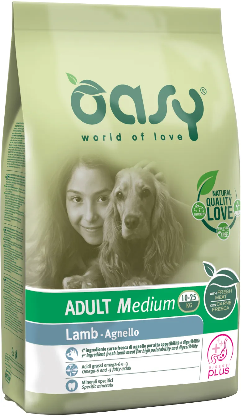 Oasy Adult Medium Lamb - Пълноценна суха храна с агнешко месо за израснали кучета от средни породи, 12 кг.