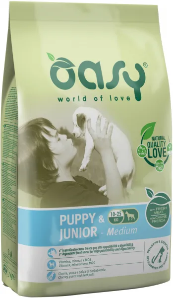 Oasy Puppy & Junior Medium - Пълноценна суха храна за подрастващи кучета от средни породи до 12 месеца, с птиче месо, 12 кг.