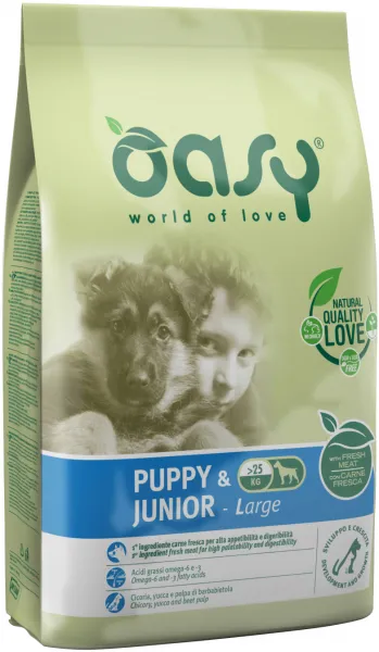 Oasy Puppy & Junior Large - Пълноценна суха храна за подрастващи кучет до 18 месеца от едри породи, с птиче месо, 12 кг.