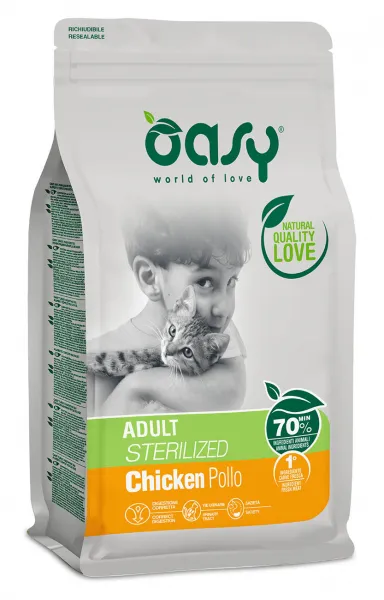 Oasy Cat Adult Sterilized - Пълноценна суха храна за кастрирани котки с пилешко месо, 1.5 кг.