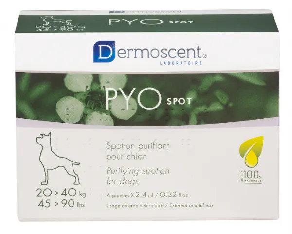 Dermoscent PYO Spot-On For Dogs - Поддържа и помага за възстановяването на кожната флора на вашето куче, 4 пипета(20-40 килограма)