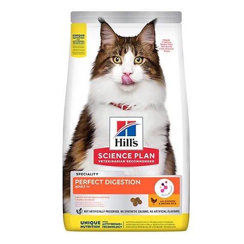 Hill’s Science Plan Perfect Digestion Adult Cat - Пълноценна суха храна за израснали котки за отлично храносмилане и здравословен чревен микробиом с пилешко месо и кафяв ориз, 1.5 кг.