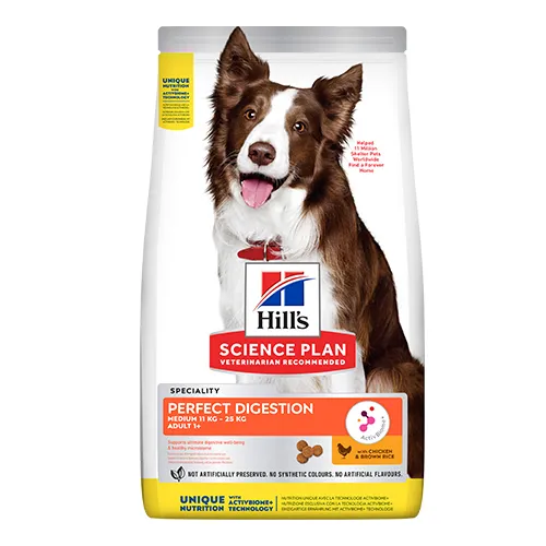 Hill’s Science Plan Perfect Digestion Medium Adult Dog - Пълноценна суха храна за израснали кучета над 1г. от средни породи 11-25 кг. с пилешко месо и кафяв ориз, 14 кг.