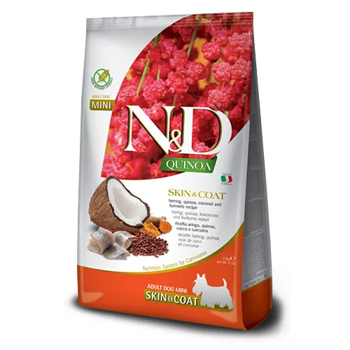 N&D Quinoa Skin & Coat MINI – Пълноценна храна при хранителни чувствителности, за кучета от дребни и мини породи (до 10кг) в зряла възраст с херинга, киноа, кокос и куркума, 800 гр. 1