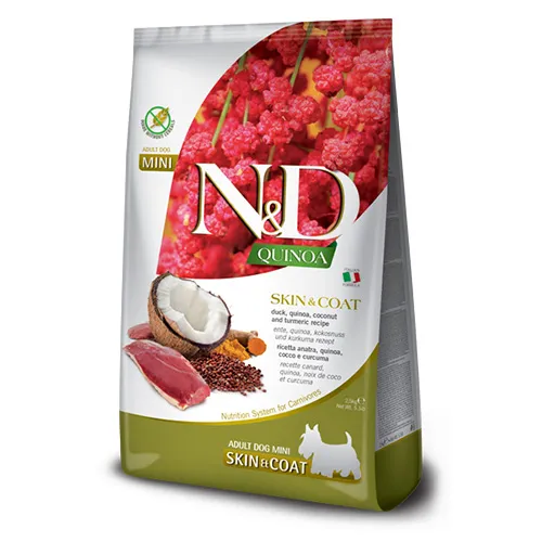 N&D Quinoa Skin & Coat Mini - Пълноценна храна при хранителни чувствителности, за кучета от дребни и мини породи (до 10кг) в зряла възраст с патешко месо, киноа, кокос и куркума, 800 гр. 1