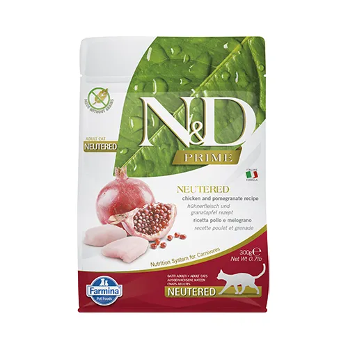 N&D Prime Adult Neutered Chicken & Pomegranate - храна за кастрирани котки в зряла възраст над 1 г. с пилешко месо и нар; без зърно 5 кг.