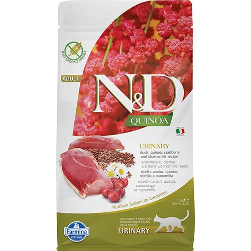 N&D Quinoa URINARY с патешко месо – Пълноценна храна за котки в зряла възраст за възстановяване на здравето на уринарния тракт с патешко месо, киноа, червена боровинка и лайка, 5 кг.