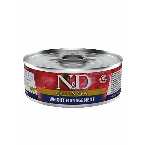 N&D Quinoa Weight Management - Пълноценна диетична храна, за намаляване на наднормено тегло в консерва за възрастни котки, с агнешко месо, 80 гр./ 3 броя
