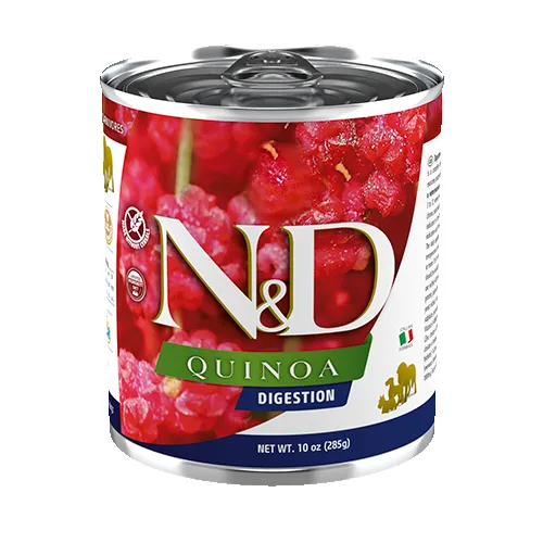 N&D Quinoa - Пълноценна диетична храна за кучета в зряла възраст, предназначена за компенсиране на лошо храносмилане и екзокринна панкреатична недостатъчност, с агнешко месо, 285 гр.