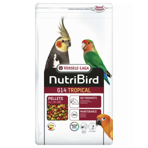 Versele-Laga Nutribird G14 Tropical - Пълноценна поддържаща храна за средни папагали, екструдирани пелети – многоцветни, 1 кг.