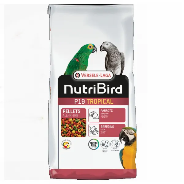 Versele-Laga Nutribird P19 Tropical - Пълноценна храна за големи папагали при развъждане – екструдирани пелети – многоцветни с тропически вкус, 10 кг.