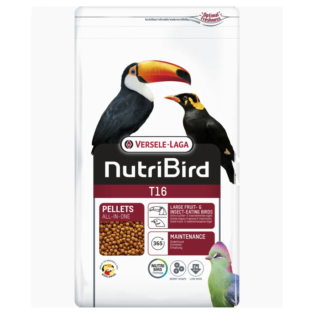 Versele-Laga Nutribird T16 - Пълноценна ежедневна храна за големи птици, хранещи се с плодове и насекоми – eкструдирани пелети, 10 кг.