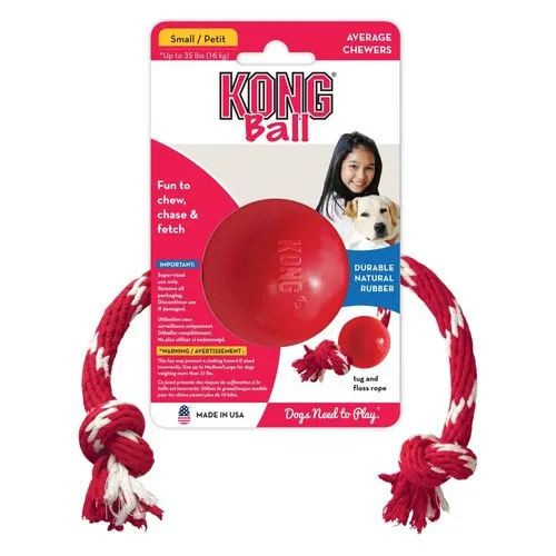 KONG Ball with Rope - Издръжлива и забавна играчка за кучета, топка с въже за дърпане и ръбане 1