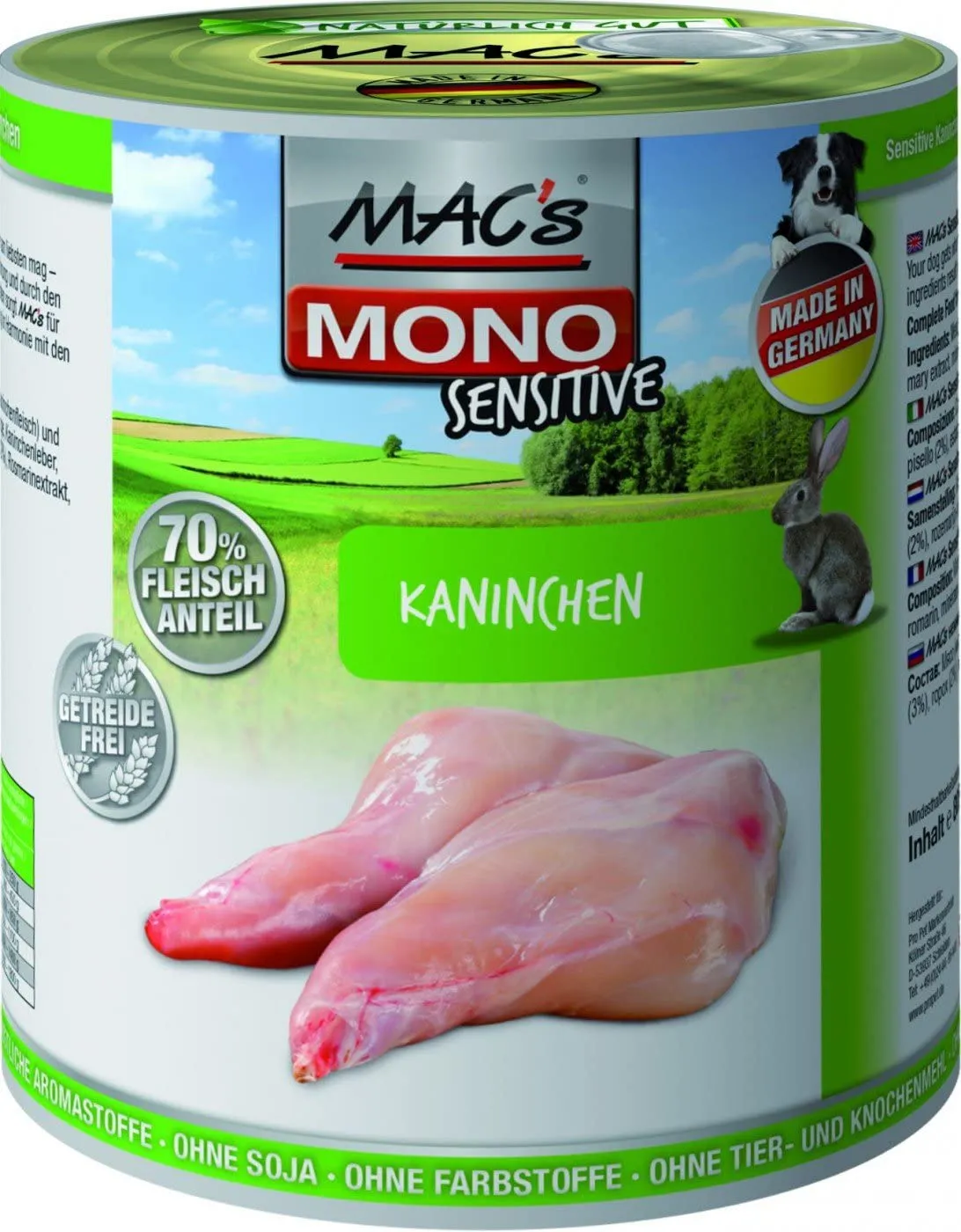 MAC's Mono Sensitive Dog Food - Балансирана консервирана храна за кучета с чувствителен стомах, без зърно, със заешко месо, картофи и грах, 800 гр.