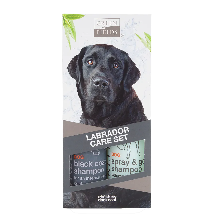 Green Fields - Комплект за кучета от порода лабрадор с тъмна козина, Шампоан за тъмна козина 250 мл + Сух спрей шампоан 250 мл.