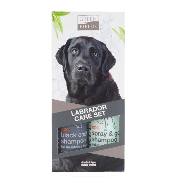 Green Fields - Комплект за кучета от порода лабрадор с тъмна козина, Шампоан за тъмна козина 250 мл + Сух спрей шампоан 250 мл.