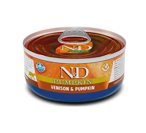 N&D Cat Venison & Pumpkin - Пълноценна консервирана храна за котки в зряла възраст с еленска плешка, пилешко филе, пилешки бутчета и тиква, 70 гр./ 3 броя