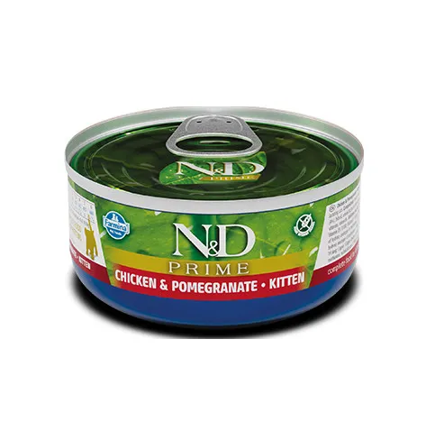 N&D Cat Prime Chicken & Pomegranate Kitten - Пълноценна храна за подрастващи котенца, бременни и кърмещи котки с пилешко филе, пилешко бутче и нар, 70 гр./ 3 броя