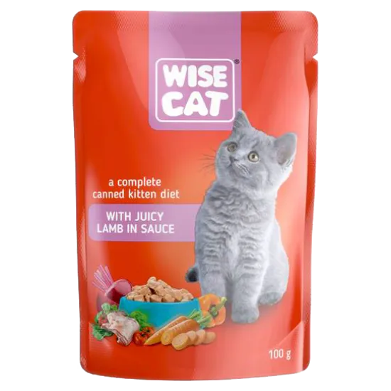 Wise Cat - Пауч за малки котенца, вкусни парченца с агнешко месо в сос, 24 броя х 100 гр.