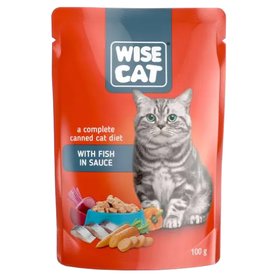 Wise Cat - Пауч за котки, вкусни парченца риба в сос, 24 броя х 100 гр.