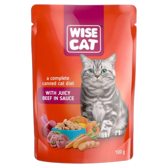 Wise Cat - Пауч за котки, вкусни парченца говеждо месо в сос 24 броя х 100 гр.