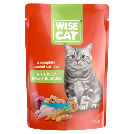 Wise Cat - Пауч за котки, вкусни парченца заешко месо в сос 24 броя х 100 гр.