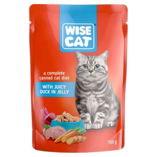 Wise Cat - Пауч за котки, вкусни парченца патешко месо в сос, 24 броя х 100 гр.