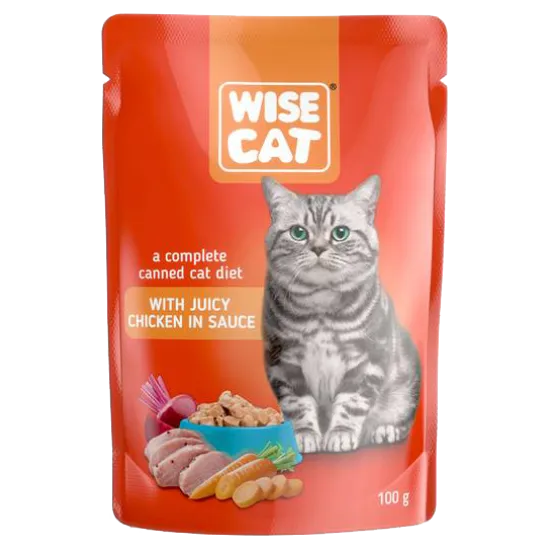 Wise Cat - Пауч за котки, вкусни парченца пилешко месо в сос, 24 броя х 100 гр.