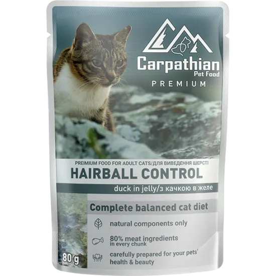 Carpathian Pet Food - Премиум пауч за котки с патешко месо в желе (срещу образуване на космени топки), 24 броя х 80 гр.