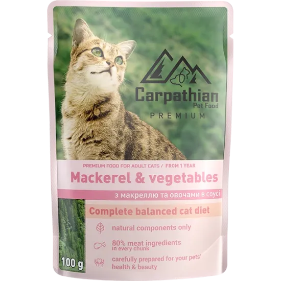 Carpathian Pet Food - Премиум пауч за котка , скумрия със зеленчуци в сос 24 броя х 100 гр.