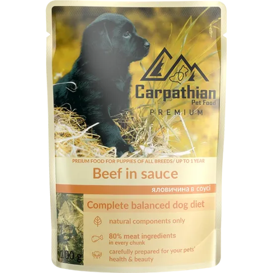 Carpathian Pet Food - Премиум пауч за малки кученца , говеждо месо в сос - 24 броя х 100 гр.