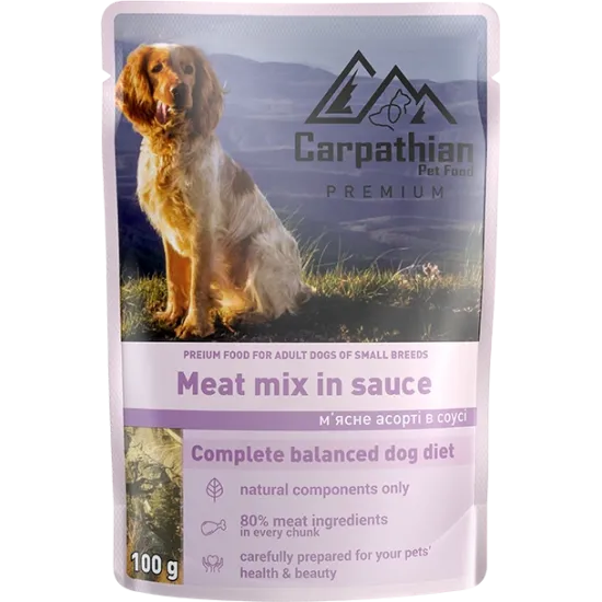 Carpathian Pet Food - Премиум пауч за кучета, месен микс (пилешко, говеждо, пуешко и риба) в сос 24 броя х 100 гр.