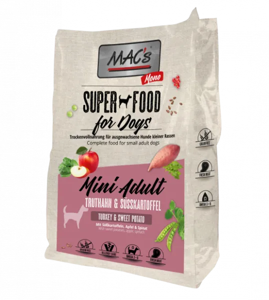 Mac's Dog Mono MINI - Пълноценна суха храна за израснали кучета от мини породи с пуешко месо и сладки картофи, 3 кг.