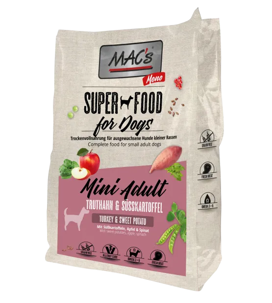 Mac's Dog Mono MINI - Пълноценна суха храна за израснали кучета от мини породи с пуешко месо и сладки картофи, 750 гр.