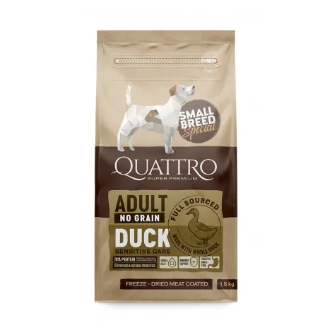  Quattro Small Breed - Пълноценна храна за кучета над 1 година от малки породи, с патешко месо, 1.5 кг.