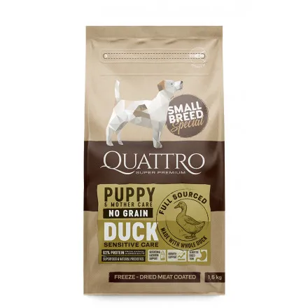 Quattro Small Breed - Пълноценна храна за кученца от малки породи до 2 месеца, бременни и кърмещи женски кучета с месо от патица, 1.5 кг.