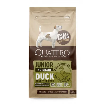 Quattro Small Breed - Пълноценна храна за подрастващи кученца от малки породи от 2 до 12 месеца с патешко месо, 1.5 кг.