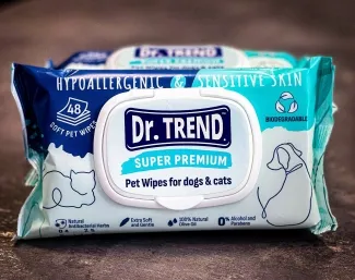 Dr. Trend Super Premium - Мокри кърпички, биоразградими с изцяло натурален състав - за кучета и котки, 48 броя.