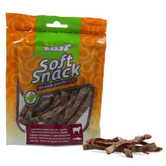 Braaaf Soft Snack  - Меки лакомства за кучета, вкусни ленти с агнешко и риба - 85 гр./ 2 пакета