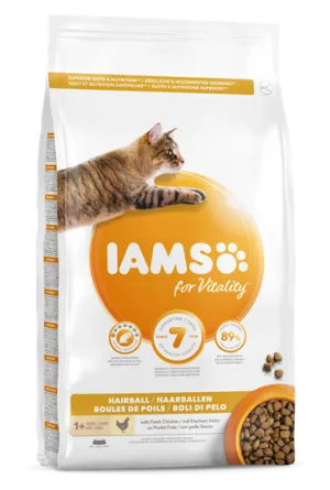 Iams Cat New - Пълноценна суха храна за израснали котки против космени топки с пилешко и пуешко месо, 800 гр.