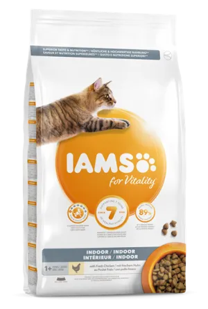 Iams Vitality Indoor - Пълноценна суха храна за израснали домашни котки със сушено пилешко и пуешко месо, 800 гр.