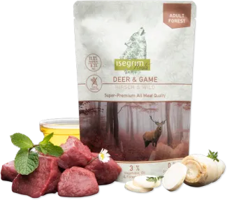 Isegrim - Висококачествен пауч за израснали кучета с еленско месо и дивеч, 410 гр./ 2 пакета