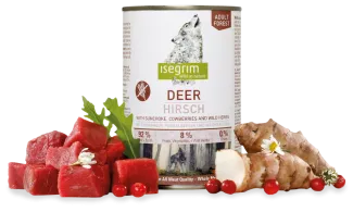 Isegrim  - Висококачествена консервирана храна за израснали кучета с месо от елен, земна ябълка, боровинки и билки, 400 гр./ 2 пакета