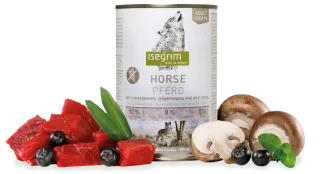 Isegrim  - Висококачествена консервирана храна за израснали кучета с конско месо, арония и гъби, 400 гр./ 2 пакета