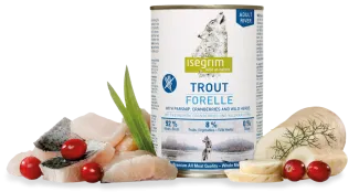 Isegrim  - Висококачествена консервирана храна за израснали кучета с пъстърва, пащърнак и червени боровинки, 400 гр./ 2 пакета