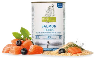Isegrim  - Висококачествена консервирана храна за израснали кучета със сьомга, боровинки и билки, 400 гр./ 2 пакета