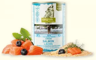 Isegrim  - Висококачествена консервирана храна за подрастващи кучета от 6 до 12 месеца, със сьомга и боровинки, 800 гр.