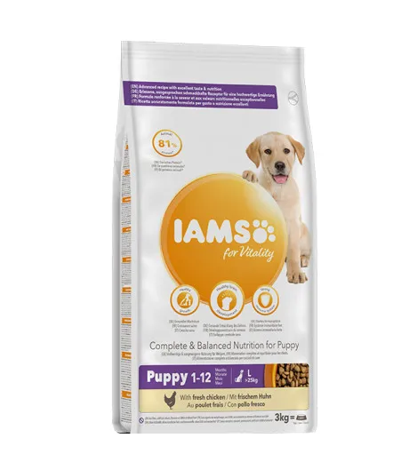Iams Dog Puppy Large - Пълноценна суха храна за подрастващи кучета от едри породи с пилешко месо, 12 кг.